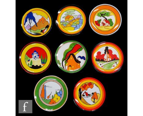 A group of eight Wedgwood Clarice Cliff plates from the World of Clarice series, patterns to include Poplar, House and Bridge