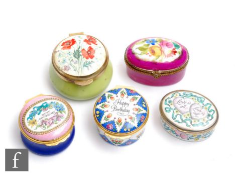 Three later 20th Century Halcyon Days enamel pill boxes for Happy Birthday, Happy Anniversary and Love is All, together with 