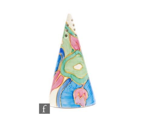 A Clarice Cliff Conical shape sugar sifter circa 1932, hand painted in the Blue Chintz pattern with stylised flowers and foli