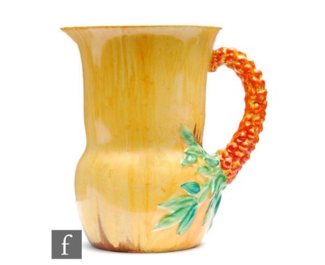 A Clarice Cliff shape 677 flower jug circa 1934, hand painted in the My Garden pattern, the swollen sleeve form body with a r