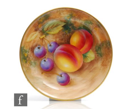 A small Royal Worcester Fallen Fruits pin dish coaster decorated by Roberts with hand painted peaches and cherries, signed, b