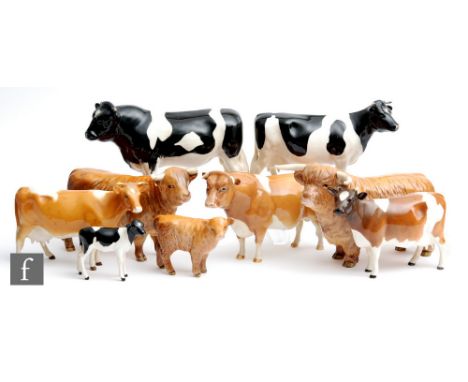 Nine assorted Beswick cattle comprising Fresian Co Ch. Claybury Leegwater model 1362A,&nbsp;Friesian Bull Ch. Coddington Hilt