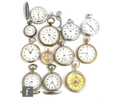 Twelve assorted base metal pocket watches to include open faced, full hunter and a chronograph example, S/D. (12) 