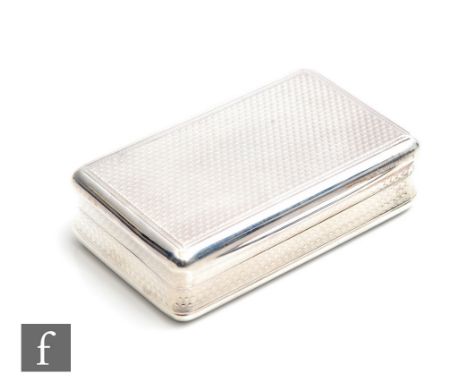A Georgian hallmarked silver cushioned rectangular snuff box with engine turned decoration to whole, weight 85g, length 7.5cm