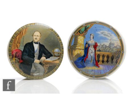 Two late 19th Century Staffordshire pot lids and bases, the first with Queen Victoria on Balcony, the second The Late Prince 