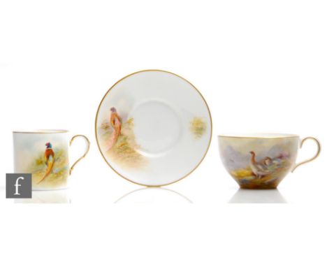 A Royal Worcester coffee can and saucer panel decorated by Maybury with a hand painted pheasant, signed, brown printed mark w