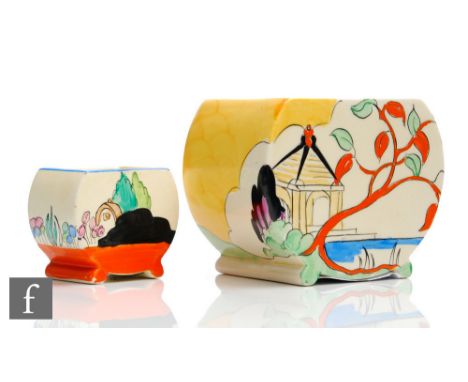 A Clarice Cliff Bon Jour shape preserve pot base circa 1933, hand painted in the Applique Idyll pattern with a stylised lady 