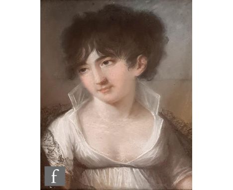 ENGLISH SCHOOL (EARLY 19TH CENTURY) - Portrait of a young lady wearing a white linen dress, bust length, pastel drawing, fram