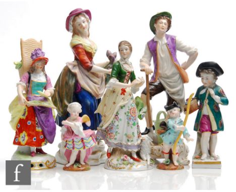 A collection of assorted early to mid 20th Century Dresden type figures to include a small pair of winged children both with 