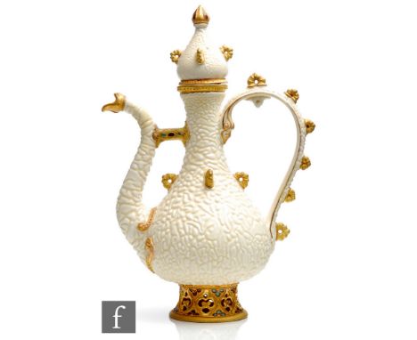 An early 20th Century Zsolnay Pecs Persian ewer, the white textured body with gilt detailing and gilt lugs, impressed mark, h