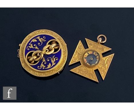 A 9ct hallmarked fob modelled as a stylised Maltese cross with central compass, weight 3.8g, with a 15ct similar circular bro