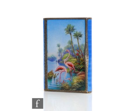 A hallmarked silver and enamelled decorated rectangular box detailed with the study of two flamingoes in a tropical river set
