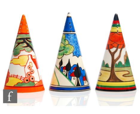 A Wedgwood Clarice Cliff hand painted sugar sifter, decorated in the May Avenue pattern, printed mark, height 15cm, together 