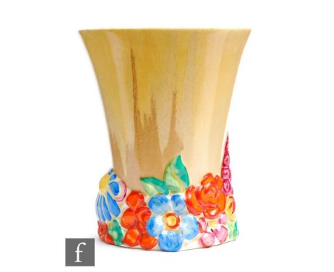 A Clarice Cliff shape 675 vase circa 1936, hand painted in the My Garden pattern, the base relief moulded with flowers and fo