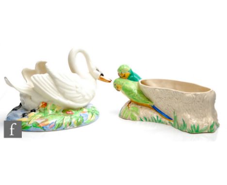 A Wilkinson Pottery Clarice Cliff bowl, modelled as a swan swimming on a stylised oval lily pad pond, printed mark, length 23