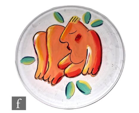A post war&nbsp;Skruf glass charger designed by Eva-Lena Martinson of circular section, enamel decorated to the centre with a