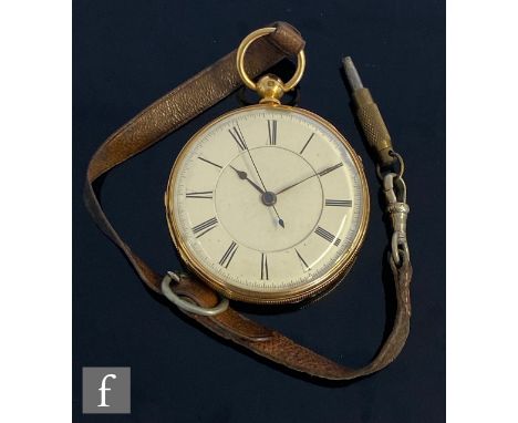 An 18ct hallmarked open faced, key wind chronograph pocket watch with Roman numerals to a white enamelled dial, case diameter