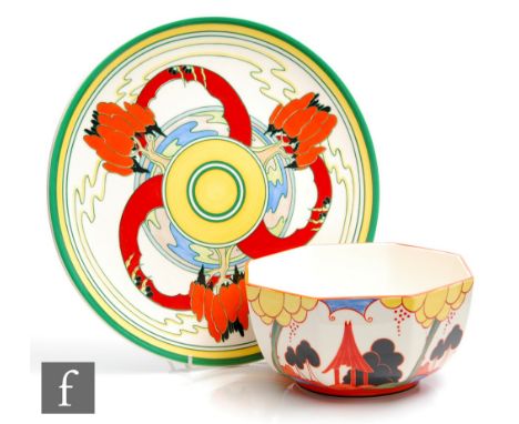 A Wedgwood Clarice Cliff transfer printed octagonal bowl, decorated in the Summerhouse pattern, produced in 1999 to commemora