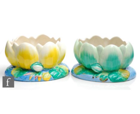 A Clarice Cliff Newport Pottery bowl formed as a yellow waterlily, printed mark, length 22cm, together with another waterlily