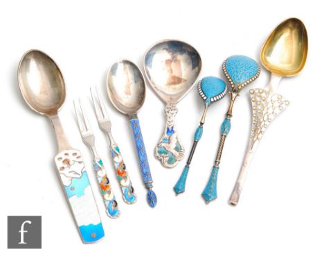 Six assorted Danish, Norwegian and other spoons each with highlighted enamel decoration to include caddy and other examples, 