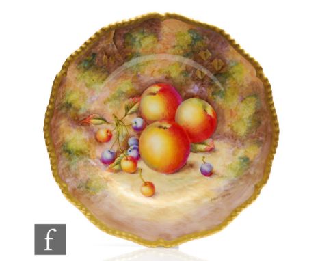 A later 20th Century Royal Worcester Fallen Fruits cabinet plate decorated by Sibley-Lewis with hand painted apples and cherr