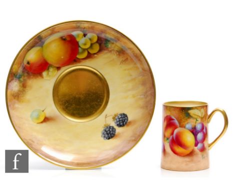 A later 20th Century Royal Worcester Fallen Fruits saucer decorated by Smith with hand painted apples, white grapes and black