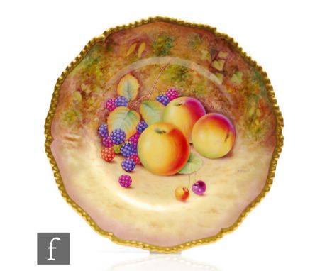 A later 20th Century Royal Worcester Fallen Fruits cabinet plate decorated by Platt with hand painted apples and blackberries