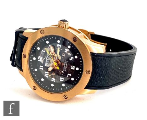 A Rotary Editions 1895 automatic wrist watch with white Arabic numerals to a skeleton dial and copper casing, case diameter 4