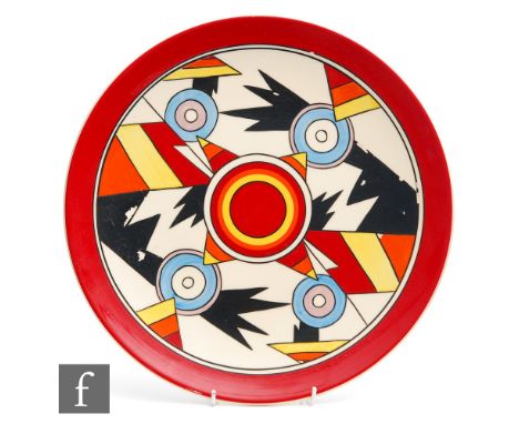 A Wedgwood Clarice Cliff hand painted charger, decorated in the Lightening pattern, number 81 in a limited edition of 250, pr