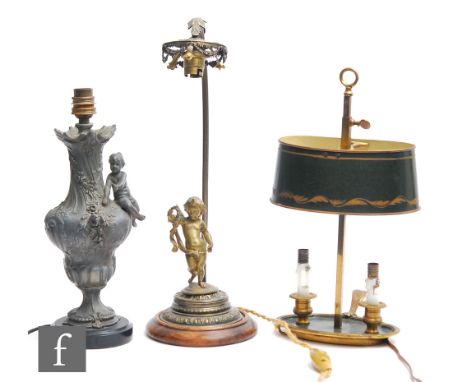 A collection of French table lamps, to include an Empire style Bouillotte Lamp, height 35cm, a gilt metal putti lamp with sle