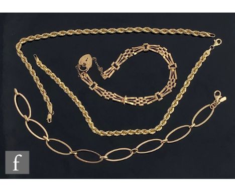 Four 9ct bracelets to include two rope twist, a gate and an open link example, total weight 10g, various styles. 