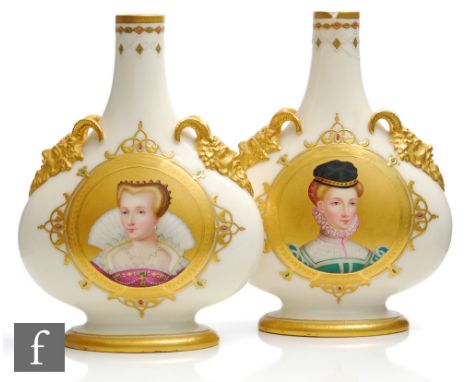 A pair of 19th Century Kerr and Binns Worcester porcelain vases of flattened bottle form, each with a hand painted portrait p