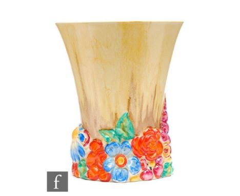 A Clarice Cliff shape 675 vase circa 1936, hand painted in the My Garden pattern, the base relief moulded with flowers and fo