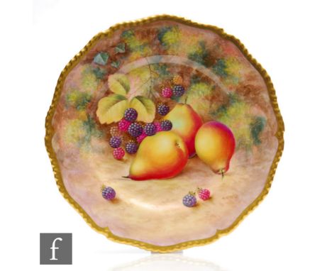 A later 20th Century Royal Worcester Fallen Fruits cabinet plate decorated by Ayrton with pears and blackberries against a mo