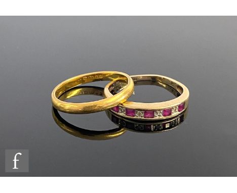 A 22ct hallmarked wedding ring weight 2.5g, with a 9ct ruby and diamond half eternity ring, weight 1.7g, S/D. (2) 