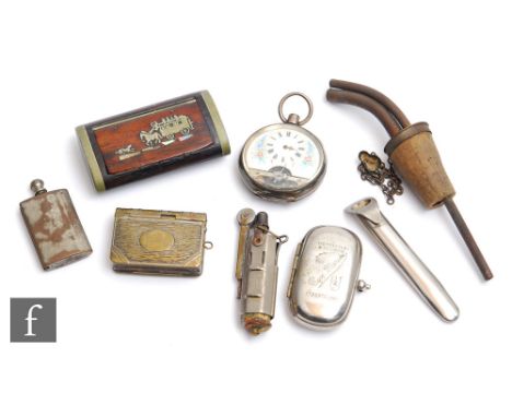 A 19th Century snuff box inset with a panel of a stage coach and horses, a continental fob watch, two vesta cases and two tre