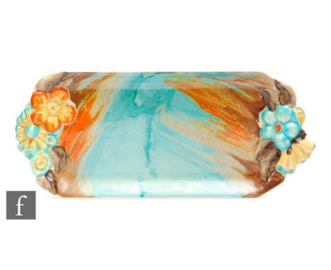 Clarice Cliff A&nbsp;sandwich plate circa 1934, hand painted in the My Garden (Flame) pattern, of rectangular section with re