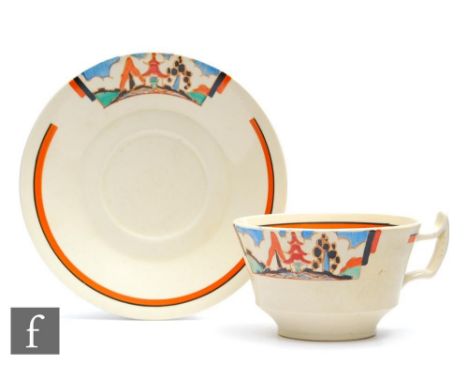 A Clarice Cliff Athens shape tea cup and saucer circa 1932, hand painted in the Kew pattern with a shoulder panel variant dep