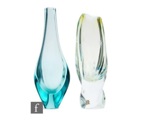 A Zelezny Brod Glassworks bottle vase of tapered triform designed by Miroslav Klinger with three swollen lobes at the shoulde