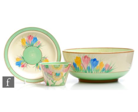 A Royal Staffordshire Pottery, A.J Wilkinson pottery Honeyglaze bowl decorated in the Spring Crocus pattern, printed mark, di