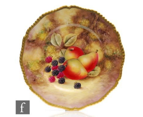 A later 20th Century Royal Worcester Fallen Fruits cabinet plate decorated by Smith with hand painted pears and blackberries,