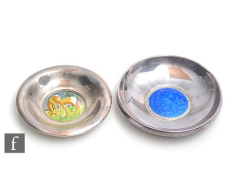 A white metal small bowl with an enamelled scene of two deer to the central well, diameter 14cm, stamped Bague 915 to base, w