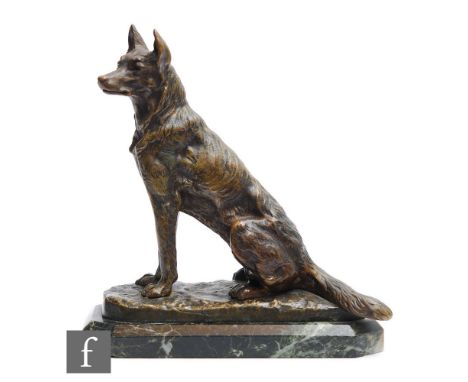 A 19th Century French bronze seated figure of an Alsatian, by Pierre Albert Laplanche, raised on a variegated black marble pl