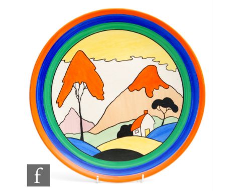 A Wedgwood Clarice Cliff hand painted charger, decorated in the Fantasque Mountain pattern, number 4 in a limited edition of 
