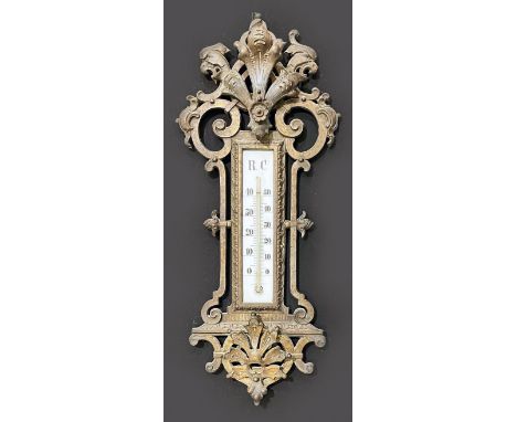 Thermometer, um 1880, ornamentale Rahmung aus Eisen, Altersspuren, L. 50 cm