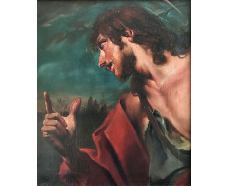 Johannes der Täufer vor stürmischem Himmel, 18. Jh., Öl/Lwd. 52 x 43,5 cm. Der Dargestellte wird von schräg unten im Profil g