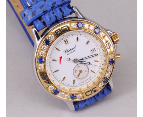 Chopard, Damenarmbanduhr, Zifferblatt mit Strich-Einteilungen, kleiner Sekunde und Datum, Gehäuse mit Saphiren und Diamanten,