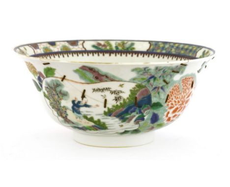 A Chinese famille verte bowl, of circular form with flared mouth, painted with blossoming peony, the other side with an inscr