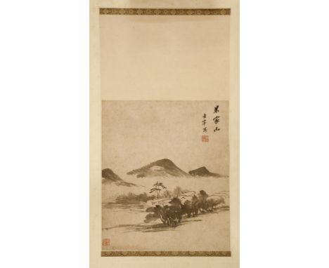 A Chinese hanging scroll, 20th century, painted with buildings behind trees in a mountainous landscape, inscription and two r