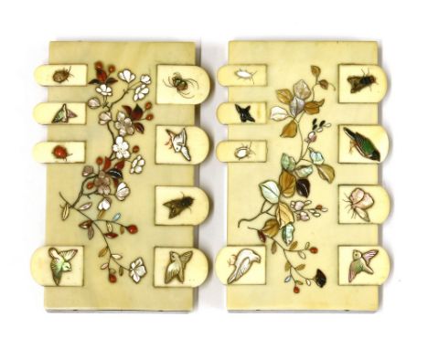 Two Japanese ivory Shibayama bezique markers, Meiji period (1868-1912), the tops inlaid with mother-of-pearl and hardstones w